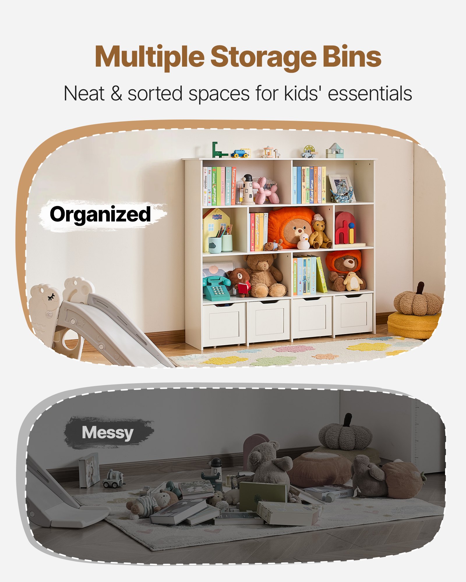 VEVOR Toy Storage Organizer, Wooden Kids Bookshelf with Storage, Toy Storage Cabinet with 4 Mobile Drawers, Kids Storage Organizer for Bedroom, Nursery, Living Room, Entryway, Preschool, White
