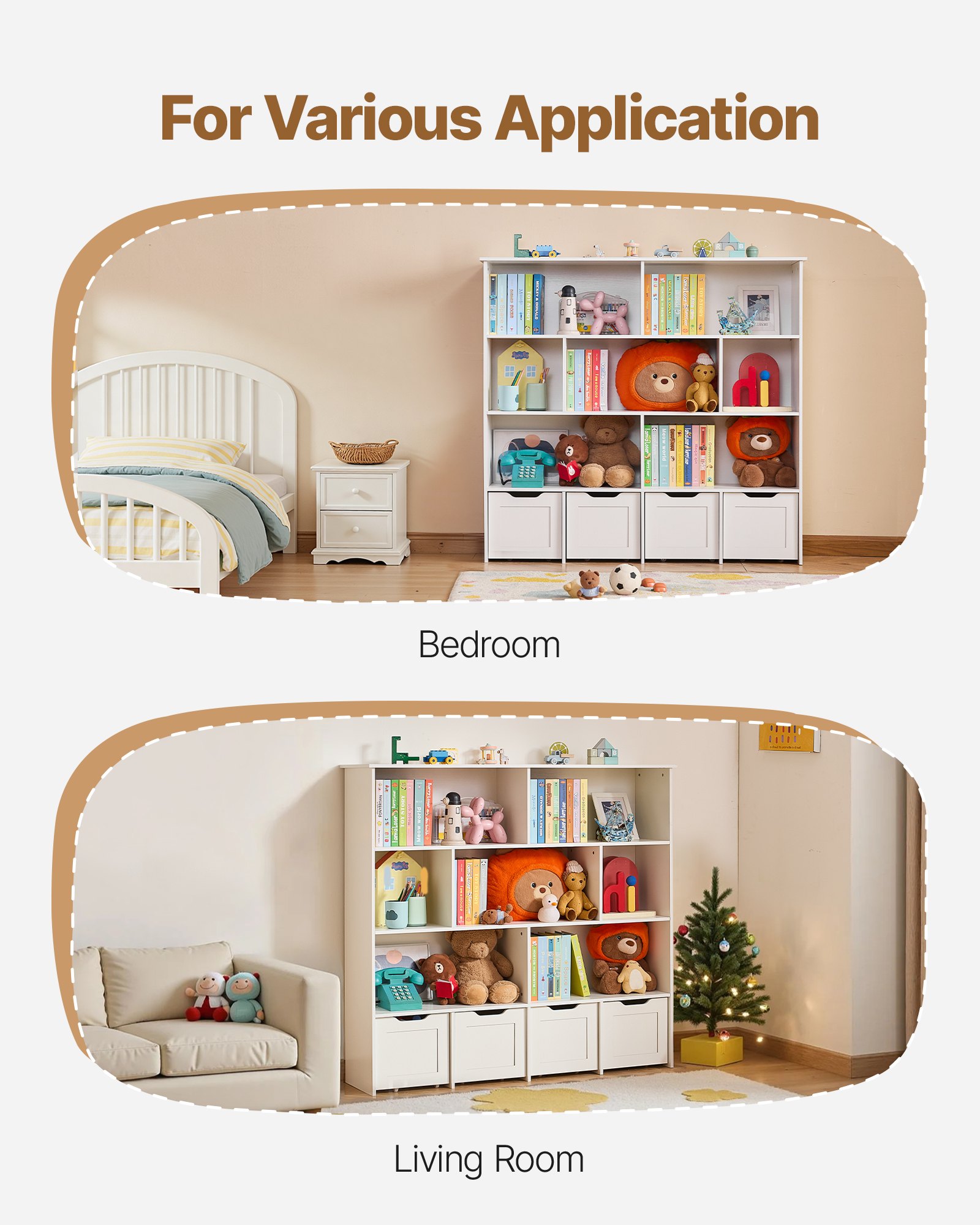 VEVOR Toy Storage Organizer, Wooden Kids Bookshelf with Storage, Toy Storage Cabinet with 4 Mobile Drawers, Kids Storage Organizer for Bedroom, Nursery, Living Room, Entryway, Preschool, White