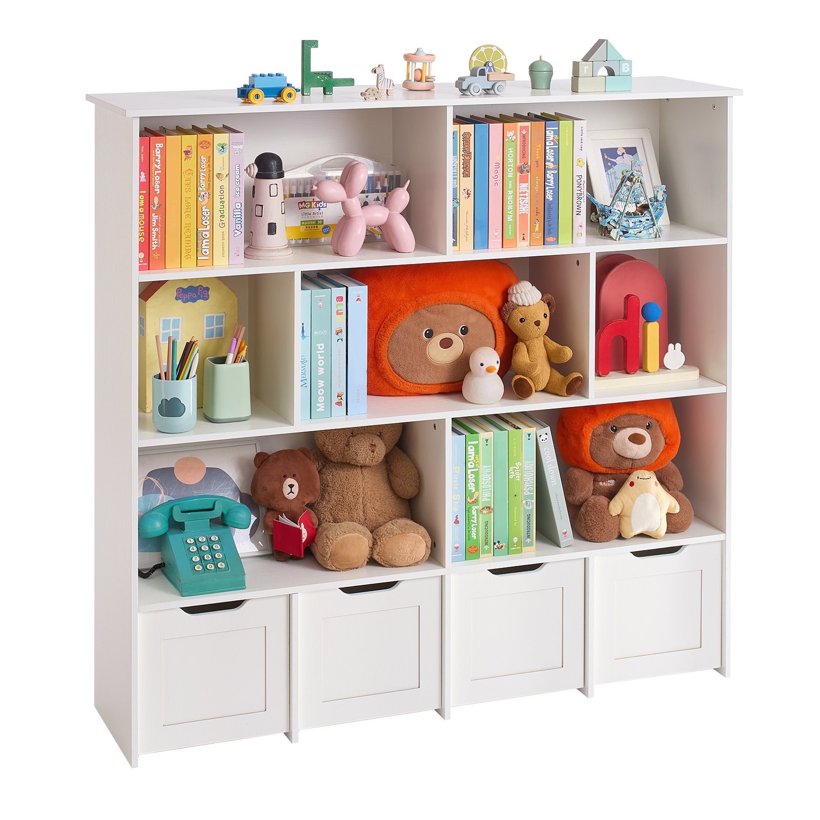 VEVOR Toy Storage Organizer, Wooden Kids Bookshelf with Storage, Toy Storage Cabinet with 4 Mobile Drawers, Kids Storage Organizer for Bedroom, Nursery, Living Room, Entryway, Preschool, White
