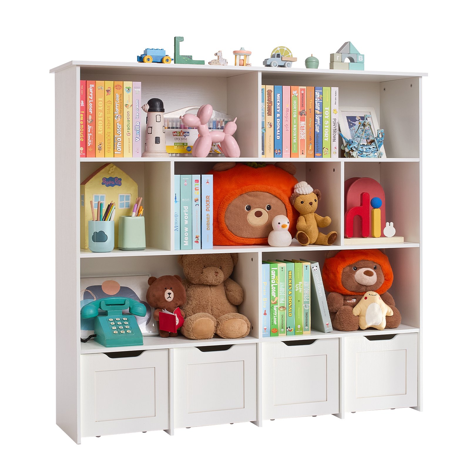 VEVOR Toy Storage Organizer, Wooden Kids Bookshelf with Storage, Toy Storage Cabinet with 4 Mobile Drawers, Kids Storage Organizer for Bedroom, Nursery, Living Room, Entryway, Preschool, White