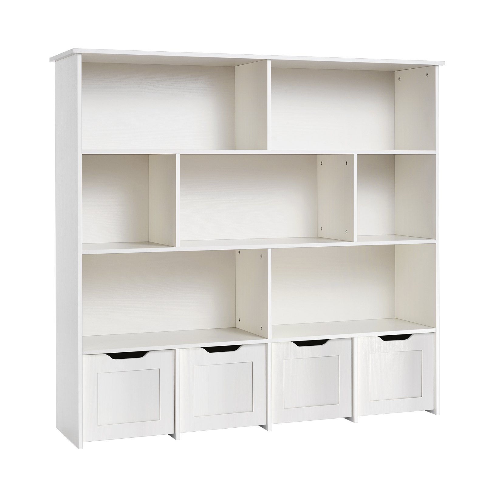 VEVOR Toy Storage Organizer, Wooden Kids Bookshelf with Storage, Toy Storage Cabinet with 4 Mobile Drawers, Kids Storage Organizer for Bedroom, Nursery, Living Room, Entryway, Preschool, White