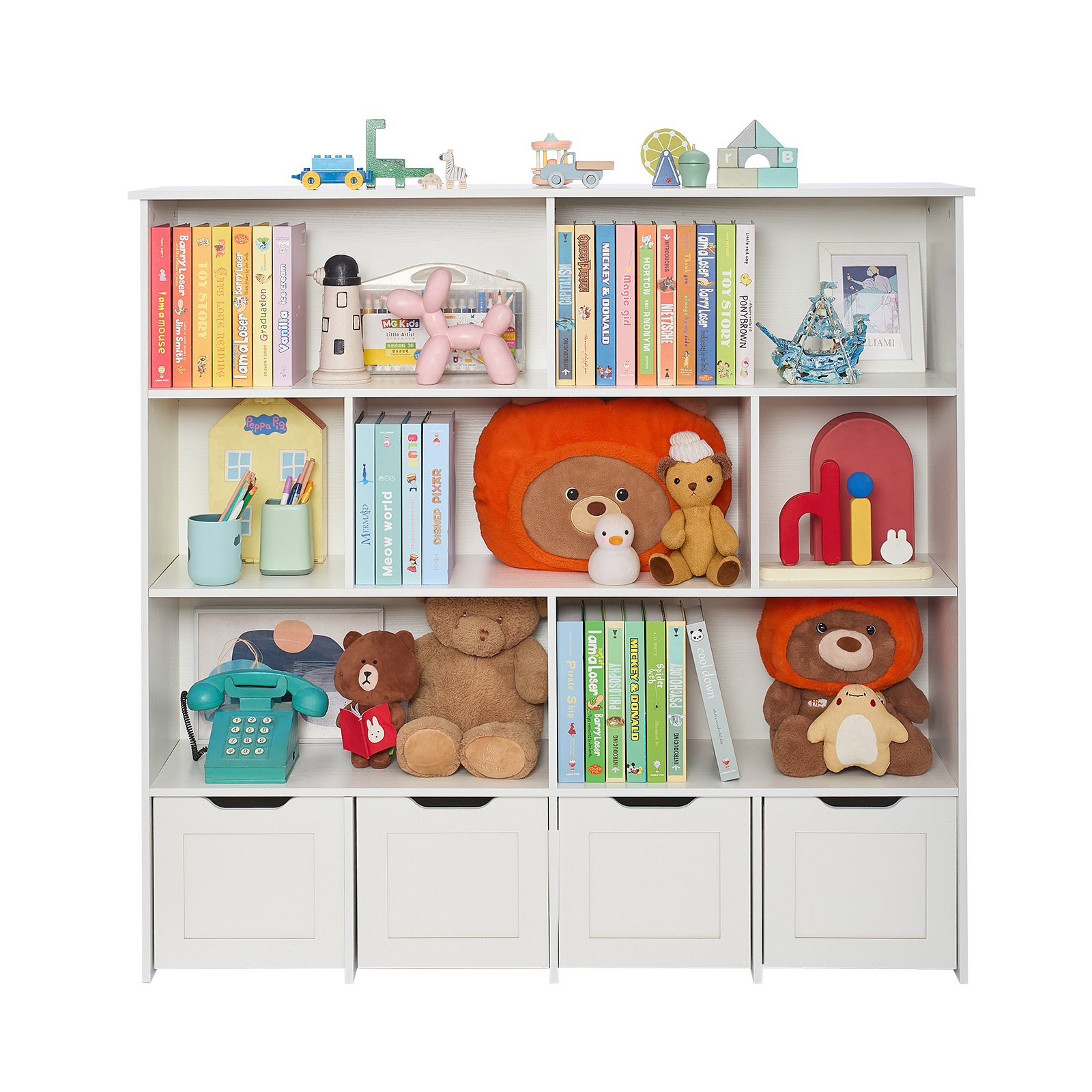 VEVOR Toy Storage Organizer, Wooden Kids Bookshelf with Storage, Toy Storage Cabinet with 4 Mobile Drawers, Kids Storage Organizer for Bedroom, Nursery, Living Room, Entryway, Preschool, White