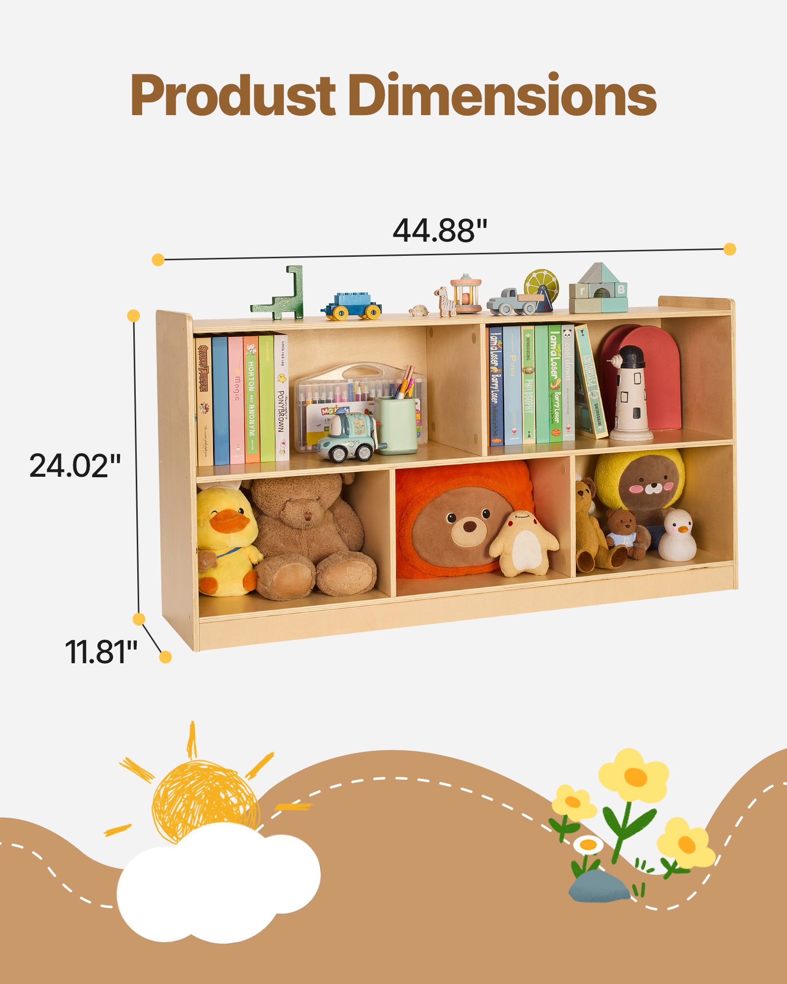 VEVOR Montessori Bookshelf, 1140 mm Width Toy Storage Organizer, 5-Section Kids Display Storage Cabinet, Daycare Furniture, Kids Bookshelf for Bedroom, Nursery, Living Room, Entryway, Preschool, Brown