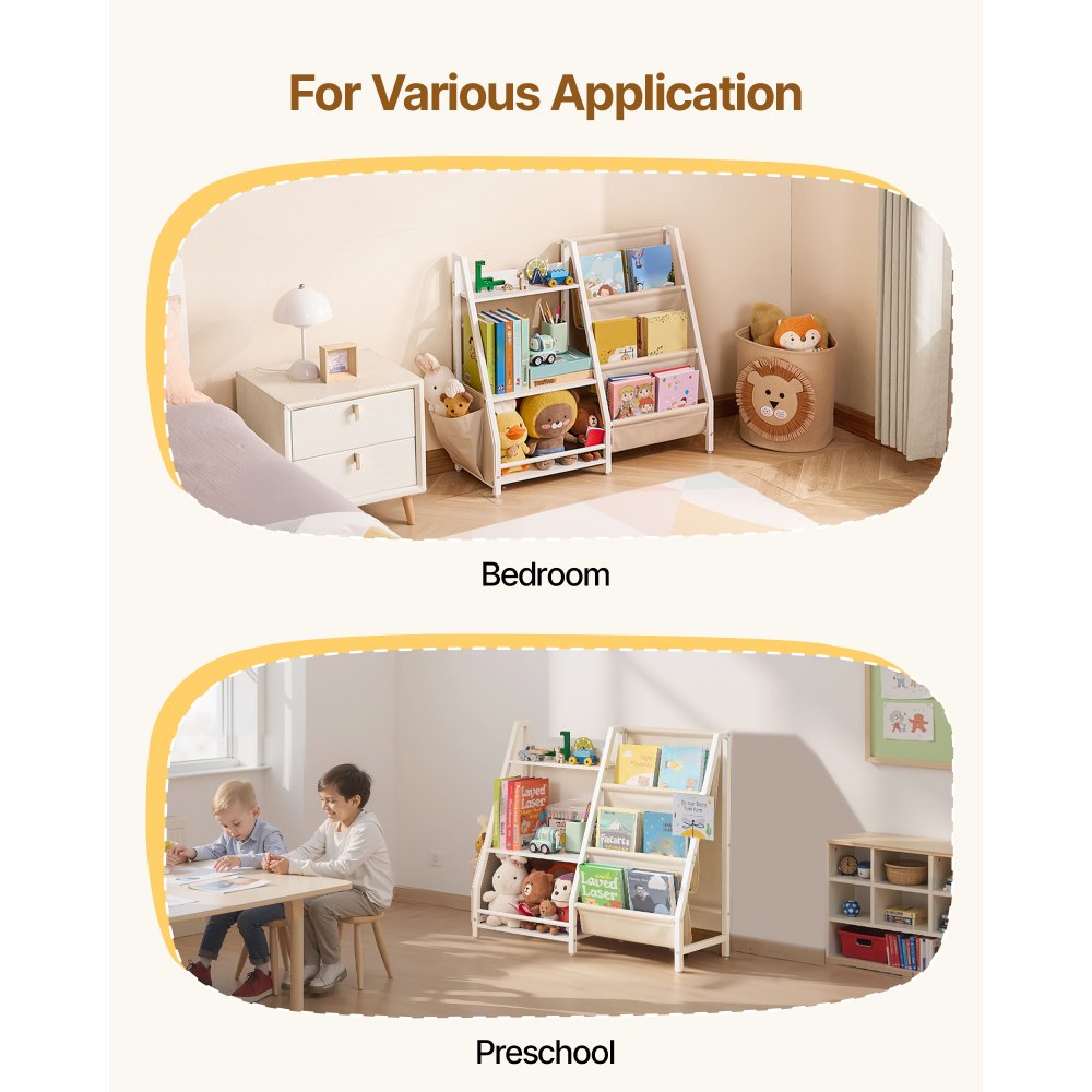 VEVOR 3-Tier Kids Bookshelf, Toy Storage Organizer for Toddler, Book Shelf for Kids Rooms with Sling Book Rack and Storage Bag, Kids Storage Book Shelves for Kids Room, Playroom, Kindergarten, Nursery