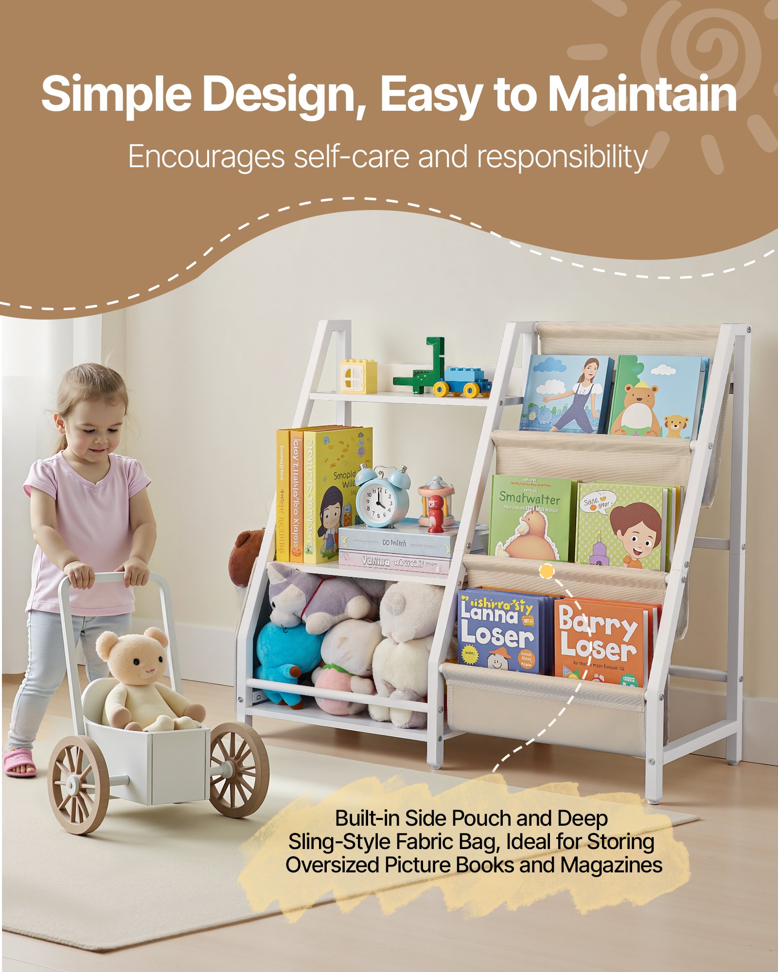VEVOR 3-Tier Kids Bookshelf, Toy Storage Organizer for Toddler, Book Shelf for Kids Rooms with Sling Book Rack and Storage Bag, Kids Storage Book Shelves for Kids Room, Playroom, Kindergarten, Nursery