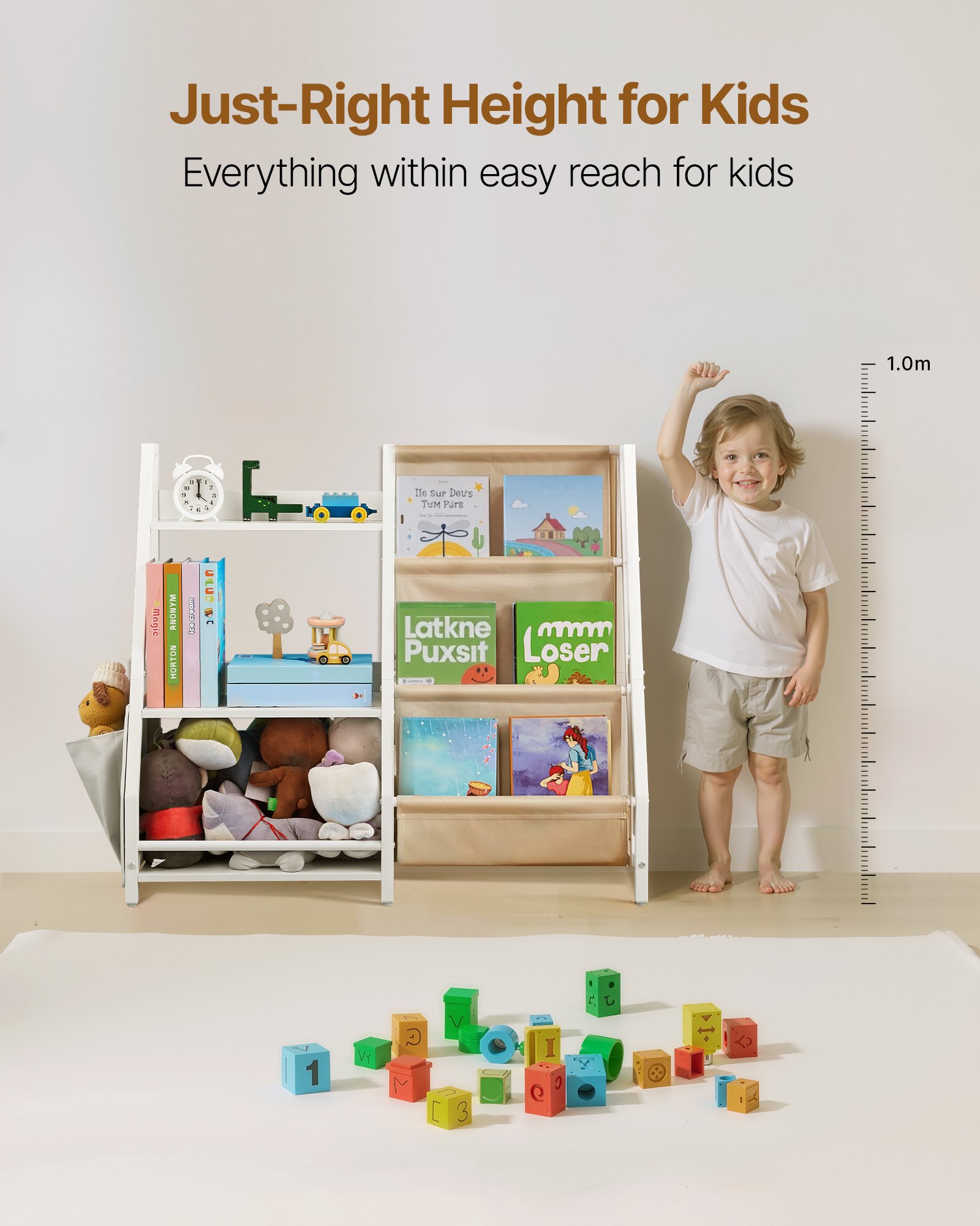 VEVOR 3-Tier Kids Bookshelf, Toy Storage Organizer for Toddler, Book Shelf for Kids Rooms with Sling Book Rack and Storage Bag, Kids Storage Book Shelves for Kids Room, Playroom, Kindergarten, Nursery