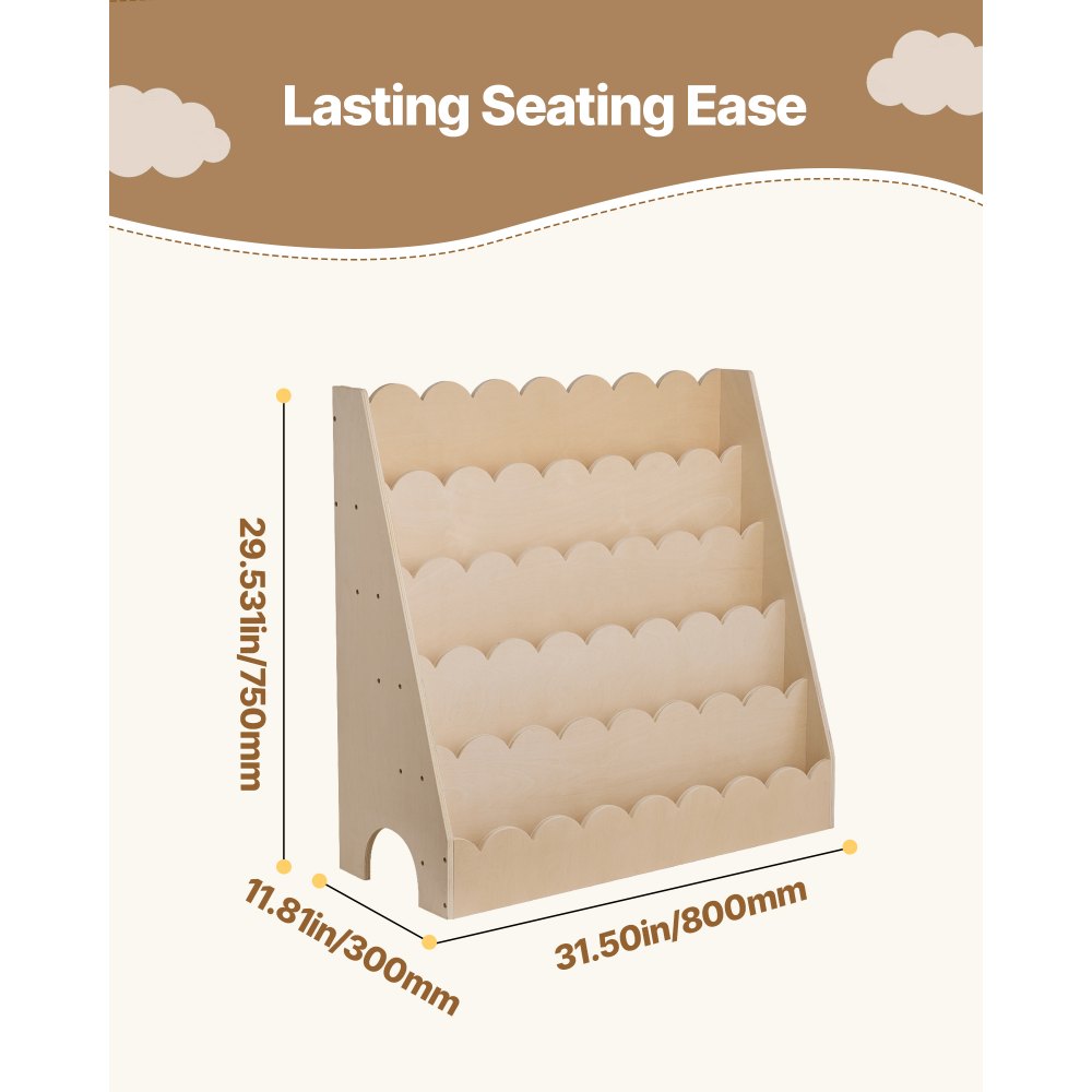 VEVOR Montessori Bookshelf, 5-Tier Scalloped Kids Bookshelf, Front Facing Toddler Bookcase, Dual Hooks for Hanging Backpacks, Baby Bookshelf for Kids Room, Living Room, Entryway, Nursury, Preschool