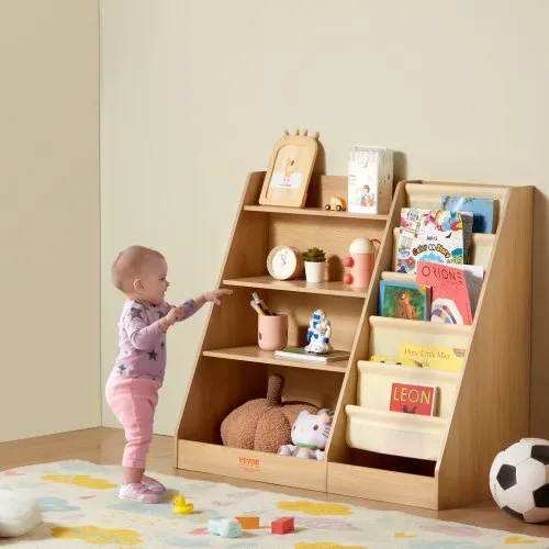 VEVOR 4-Tier Kids Wooden Bookshelf, Six-Layer Sling Bookcase, Baby