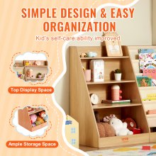 VEVOR 4-Tier Kids Wooden Bookshelf, Six-Layer Sling Bookcase, Baby Storage Book Rack, Book Toy Organizer Cabinet, for Kids Room, Playroom, Kindergarten, Nursery
