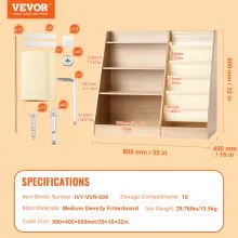 VEVOR Wooden Kids Bookshelf 4-Tier, Toy Storage Organizer for Toddler, Book Shelf for Kids Rooms with 6-Layer Sling Book Rack, Baby Book Storage Shelves for Kids Room, Playroom, Kindergarten, Nursery