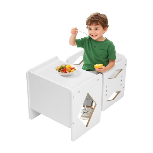 VEVOR Montessori Weaning Table and Chair Set, Wooden Toddler Table and Chair Set for Aged 1-5, Adjustable Height Kids Montessori Chair and Activity Table, Ideal for Reading, Eating, Playing - White