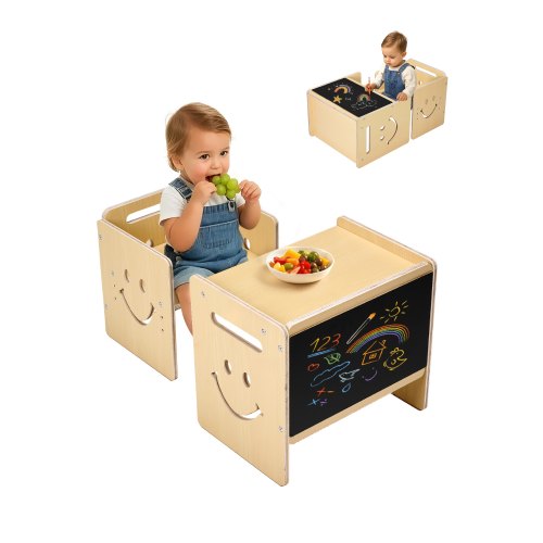 VEVOR Montessori Weaning Table and Chair Set, 3 In 1 Wooden Toddler Table and Chairs with Chalkboard, Adjustable Height Montessori Table for Ages 1-5, Ideal for Drawing, Reading, Eating - Natural