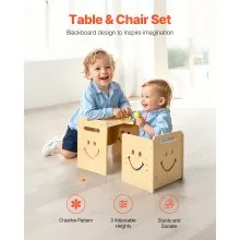 VEVOR Montessori Weaning Table and Chair Set, 3 in 1 Wooden Toddler Table and Chairs with Chalkboard, Adjustable Height Montessori Table for Ages 1-5, Ideal for Drawing, Reading, Eating - Natural