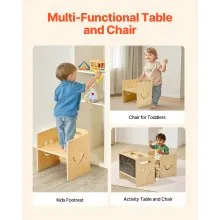 VEVOR Montessori Weaning Table and Chair Set, 3 in 1 Wooden Toddler Table and Chairs with Chalkboard, Adjustable Height Montessori Table for Ages 1-5, Ideal for Drawing, Reading, Eating - Natural