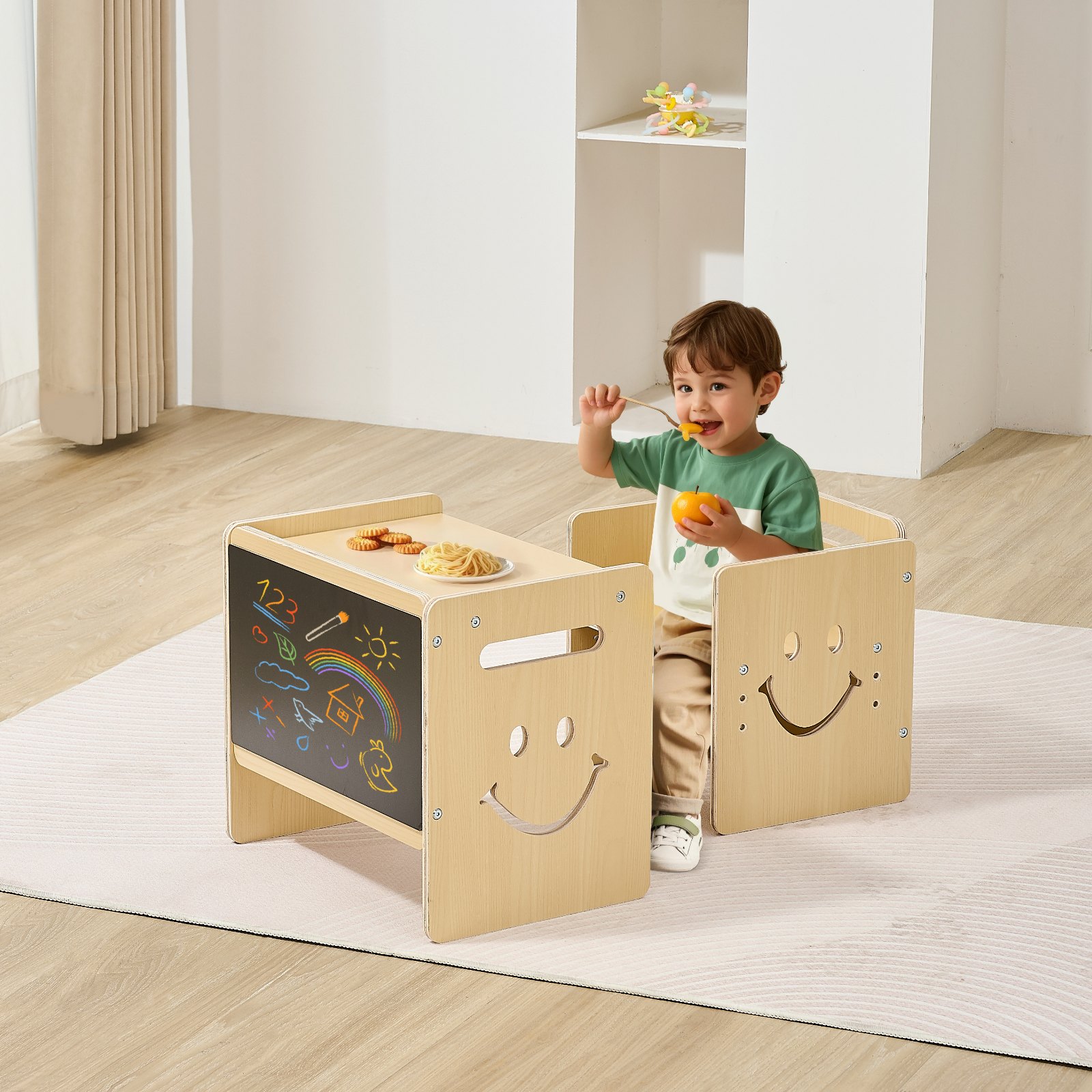 VEVOR Montessori Weaning Table and Chair Set, 3 In 1 Wooden Toddler Table and Chairs with Chalkboard, Adjustable Height Montessori Table for Ages 1-5, Ideal for Drawing, Reading, Eating - Natural