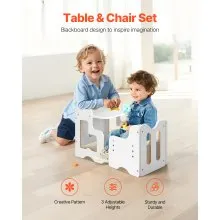 VEVOR Montessori Weaning Table and Chair Set, 3 in 1 Wooden Toddler Table and Chairs with Chalkboard, Adjustable Height Montessori Table for Ages 1-5, Ideal for Drawing, Reading, Eating - White