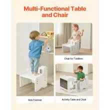 VEVOR Montessori Weaning Table and Chair Set, 3 in 1 Wooden Toddler Table and Chairs with Chalkboard, Adjustable Height Montessori Table for Ages 1-5, Ideal for Drawing, Reading, Eating - White