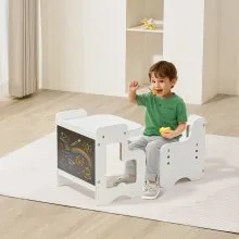 VEVOR Montessori Weaning Table and Chair Set, 3 in 1 Wooden Toddler Table and Chairs with Chalkboard, Adjustable Height Montessori Table for Ages 1-5, Ideal for Drawing, Reading, Eating - White
