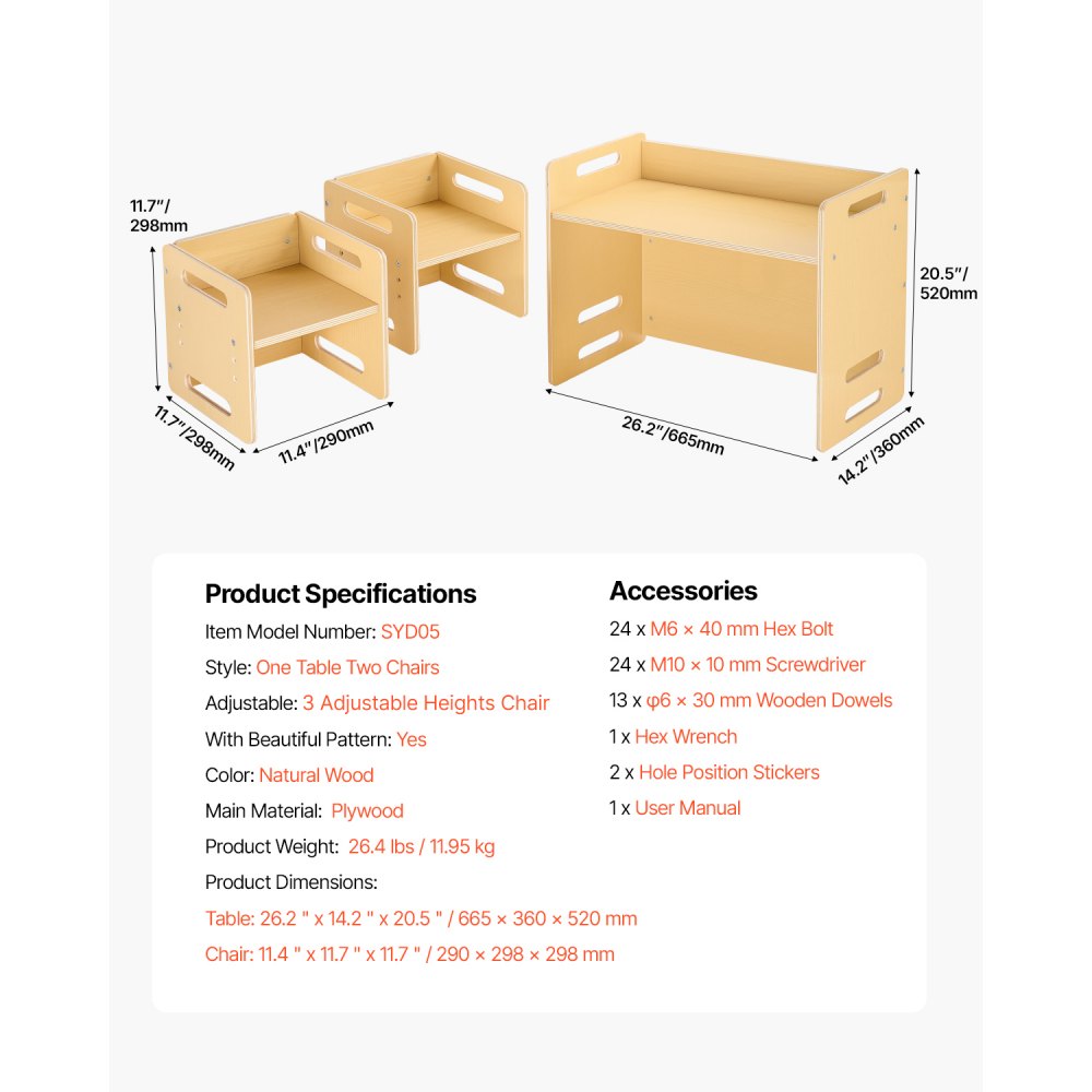 VEVOR Montessori Weaning Table and Chair Set, Wooden Toddler Table and Chair Set with 2 Chairs, Adjustable Height Montessori Chair and Activity Table, Ideal for Reading, Eating, Playing - Natural