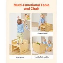 VEVOR Montessori Weaning Table and Chair Set, Wooden Toddler Table and Chair Set with 2 Chairs, Adjustable Height Montessori Chair and Activity Table, Ideal for Reading, Eating, Playing - Natural