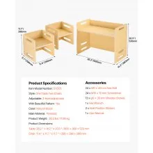 VEVOR Montessori Weaning Table and Chair Set, Wooden Toddler Table and Chair Set with 2 Chairs, Adjustable Height Montessori Chair and Activity Table, Ideal for Reading, Eating, Playing - Natural
