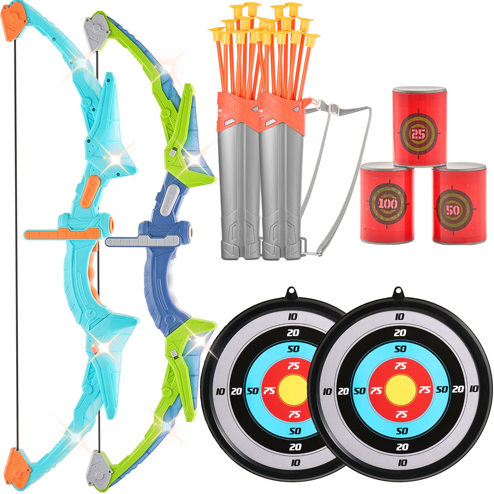 VEVOR Bow and Arrow Set for Kids, 2 Pack LED Light Up Archery Set with 20 Suction Cup Arrows, 2 Hanging Targets, 2 Quivers, 3 Target Cans, Outdoor Toy Birthday Gift for Boy & Girl 6 7 8 9 10+ Year Old