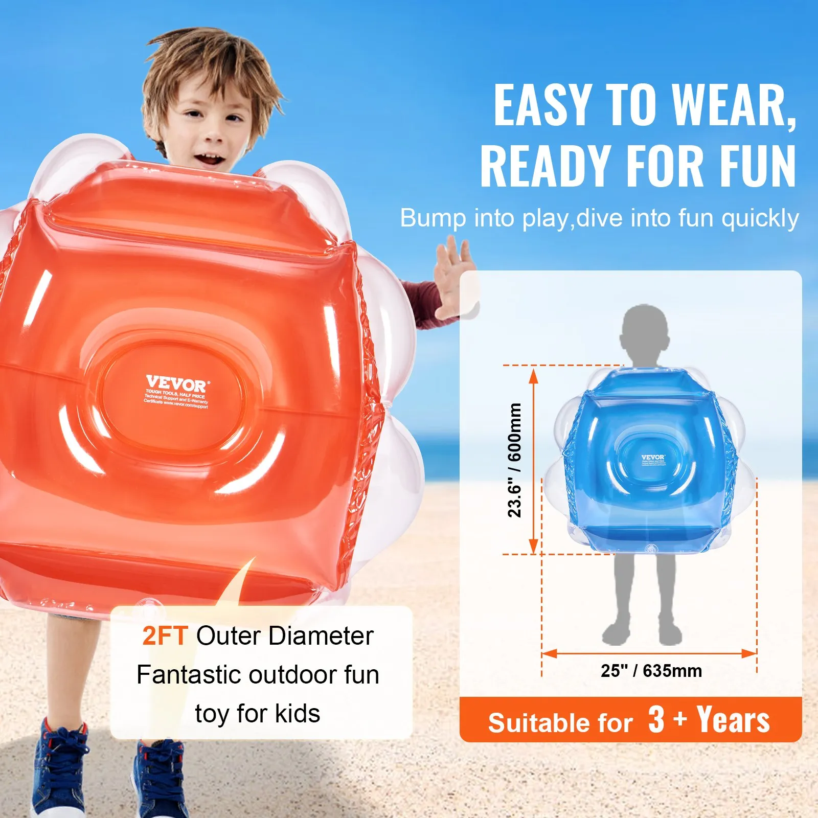 child playing with VEVOR inflatable bumper balls on beach, 2ft diameter, fun toy for kids aged 3+ years.