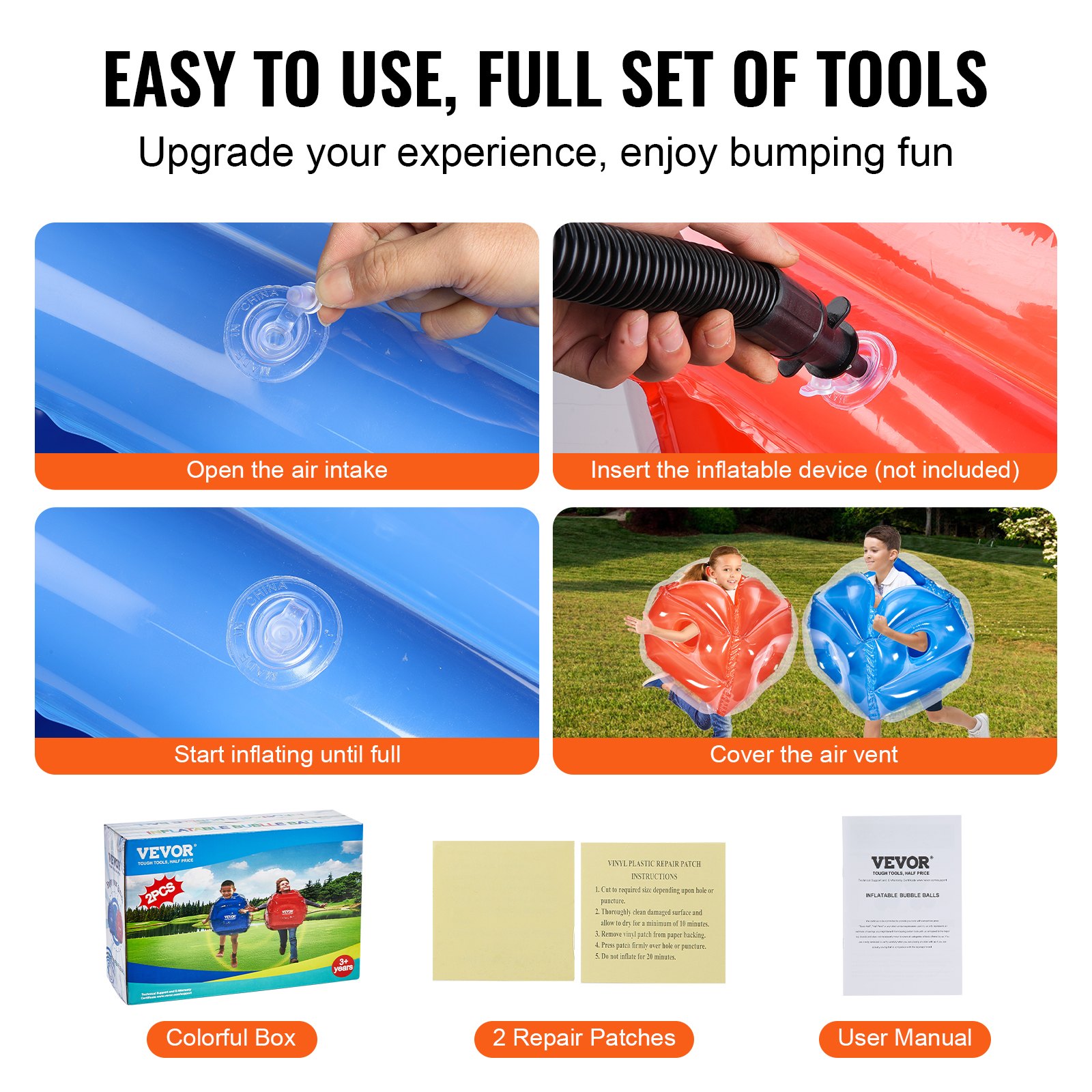 VEVOR inflatable bumper balls instructions: open air intake, insert device, inflate, cover vent; accessories shown.