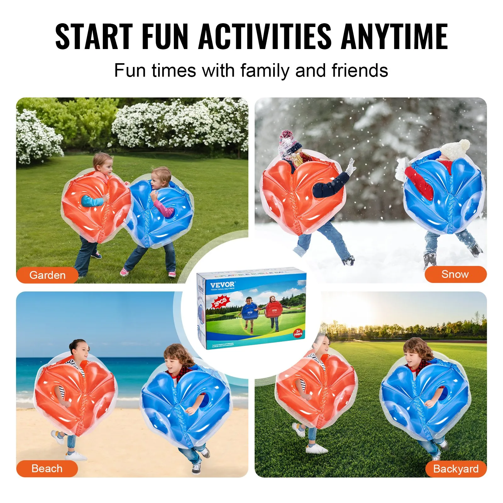 VEVOR inflatable bumper balls for garden, snow, beach, and backyard fun with family and friends.