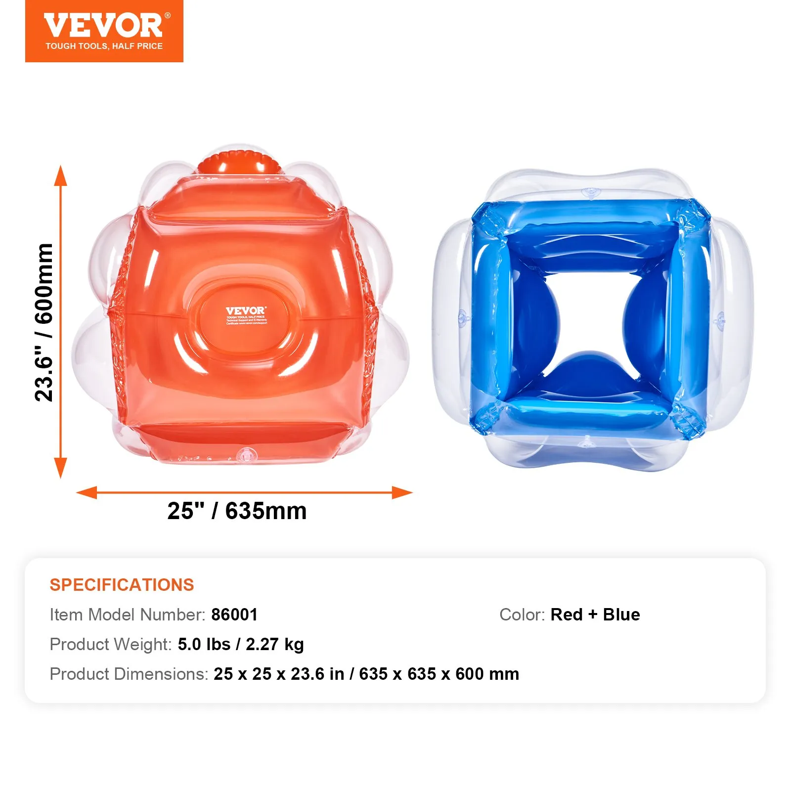 VEVOR inflatable bumper balls in red and blue, model 86001, dimensions 25x23.6 inches, weight 5 lbs.