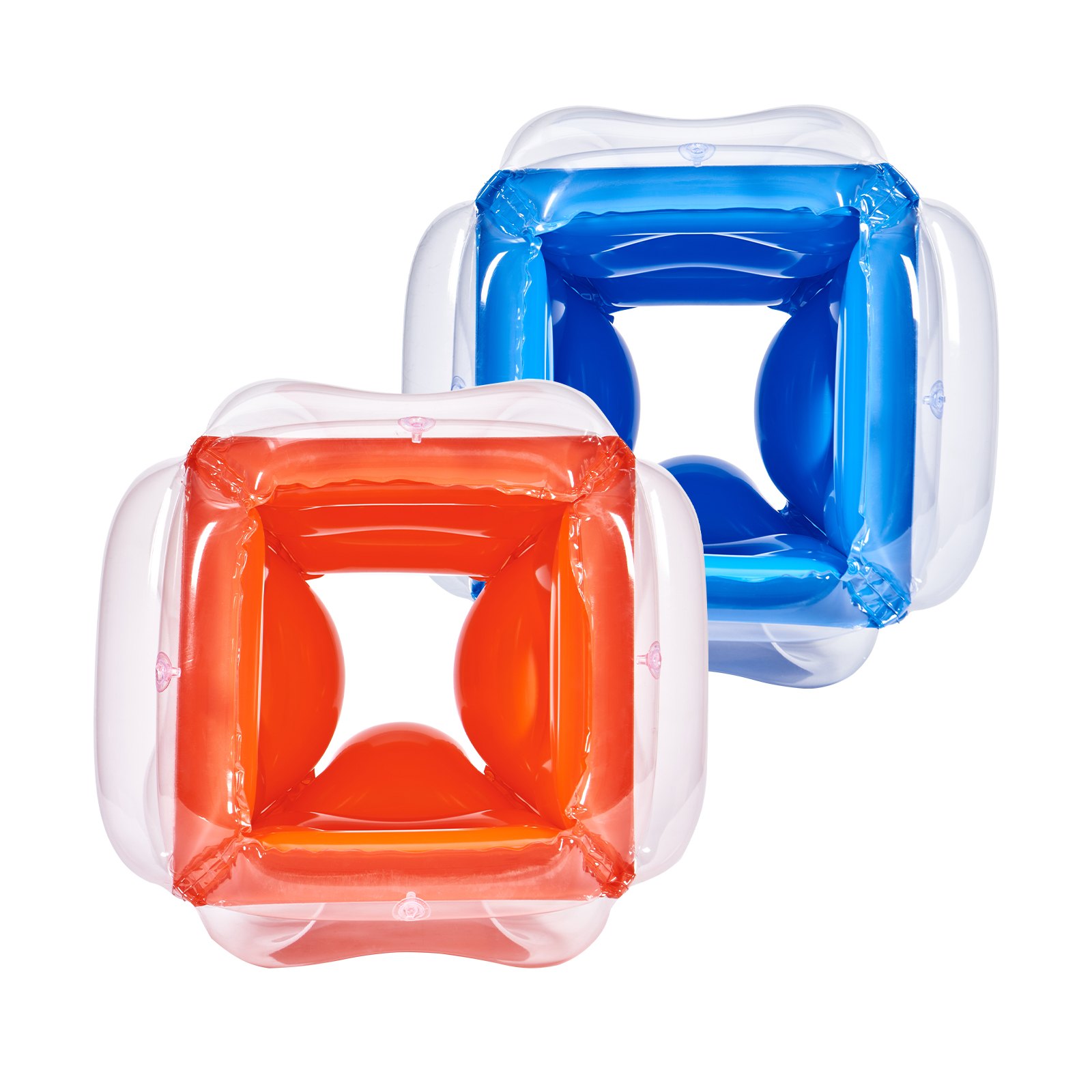 blue and orange VEVOR inflatable bumper balls with transparent edges.