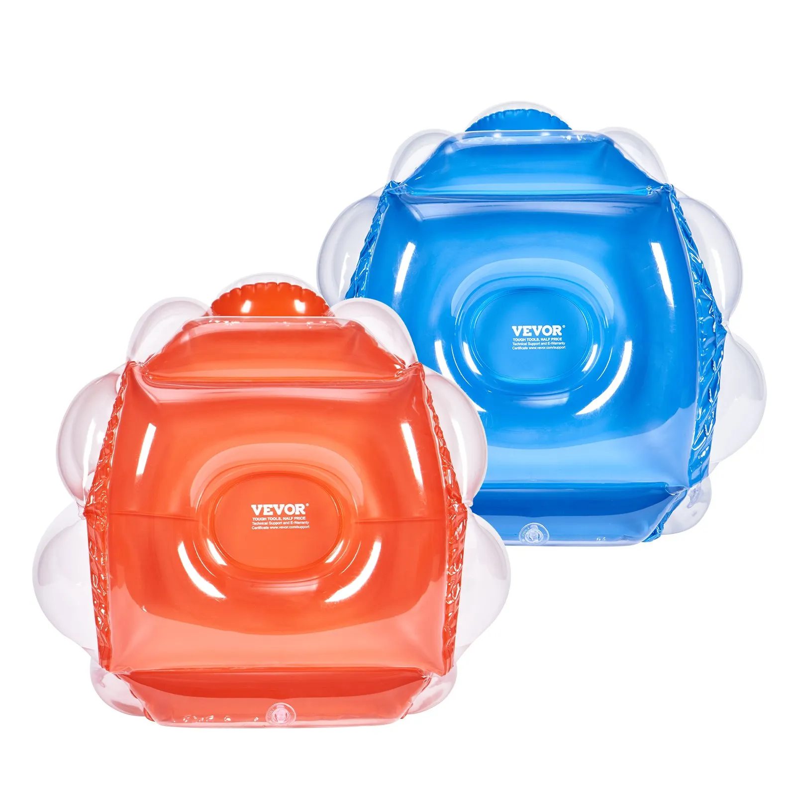 orange and blue VEVOR inflatable bumper balls with clear side panels, displayed side by side.