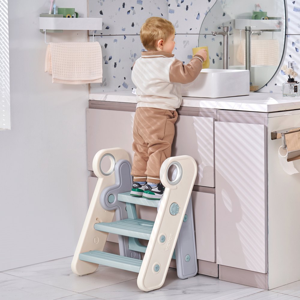 VEVOR Toddler Step Stool, Adjustable 3 Step to 2-Step Kids Kitchen Stool, Foldable Plastic Standing Tower Leaning Stool with Handles for Toilet Potty Training, Kitchen Counter, Bathroom, Blue