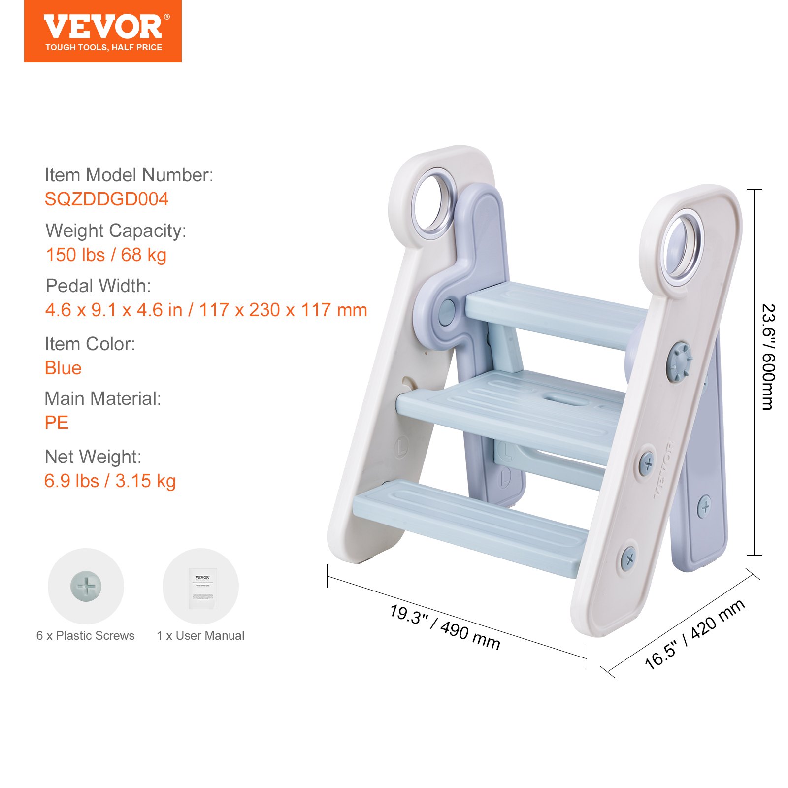 VEVOR Toddler Step Stool, Adjustable 3 Step to 2-Step Kids Kitchen Stool, Foldable Plastic Standing Tower Leaning Stool with Handles for Toilet Potty Training, Kitchen Counter, Bathroom, Blue