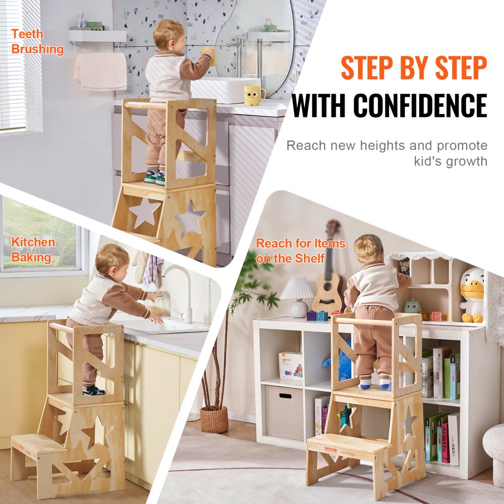 VEVOR Toddler Step Stool for Kids, Natural Pine Wood Toddler Kitchen Stool with Safety Rail, 150LBS Loading Capacity Standing Tower Learning Stool for Bedroom Bathroom Kitchen Counter