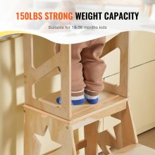 VEVOR Toddler Step Stool for Kids, Natural Pine Wood Toddler Kitchen Stool with Safety Rail, 150LBS Loading Capacity Standing Tower Learning Stool for Bedroom Bathroom Kitchen Counter