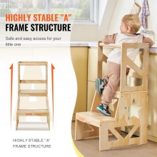 VEVOR Toddler Step Stool for Kids, Natural Pine Wood Toddler Kitchen Stool with Safety Rail, 150LBS Loading Capacity Standing Tower Learning Stool for Bedroom Bathroom Kitchen Counter