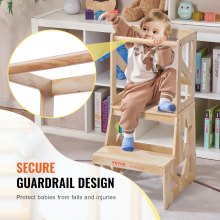 VEVOR Toddler Step Stool for Kids, Natural Pine Wood Toddler Kitchen Stool with Safety Rail, 150LBS Loading Capacity Standing Tower Learning Stool for Bedroom Bathroom Kitchen Counter