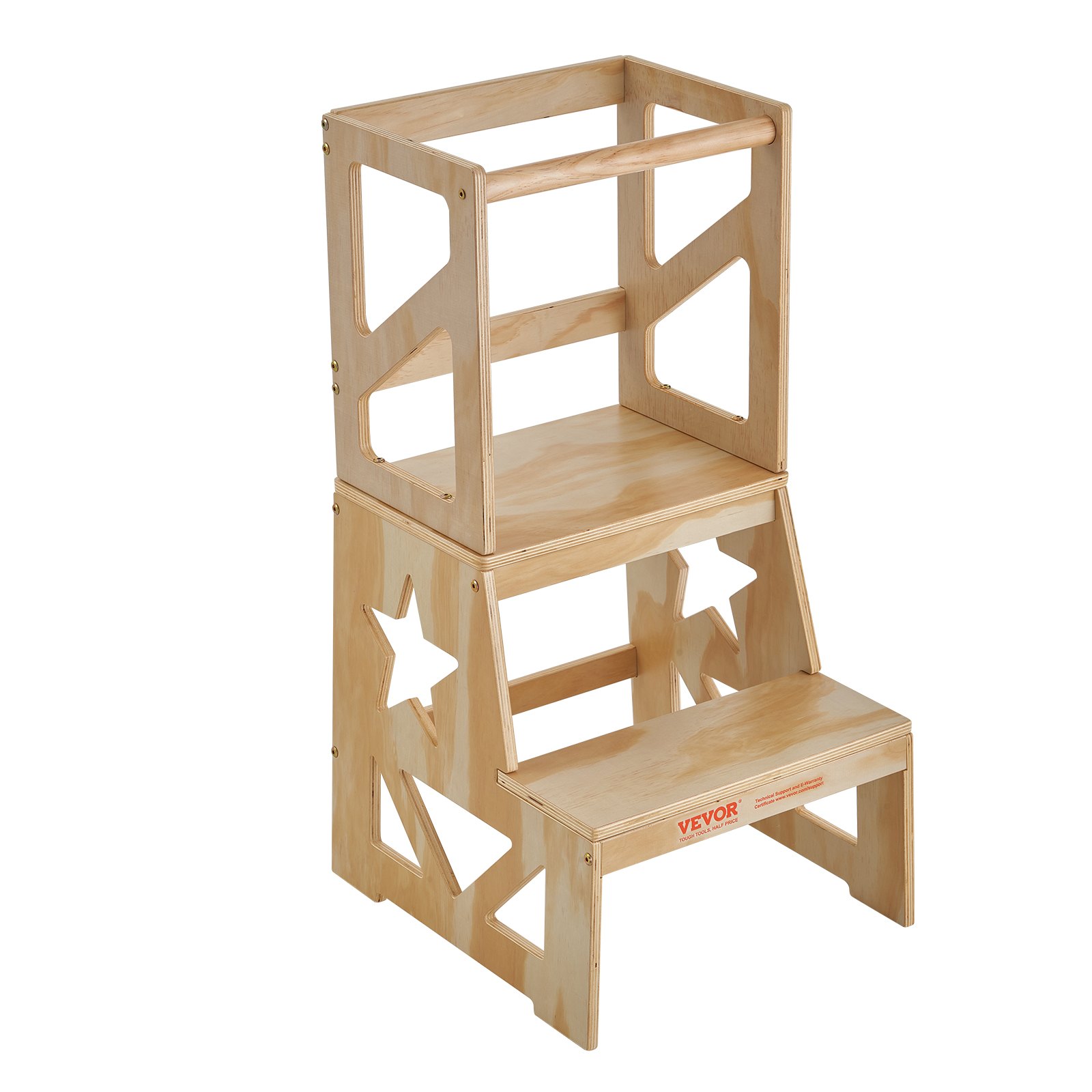VEVOR Toddler Step Stool for Kids, Natural Pine Wood Toddler Kitchen Stool with Safety Rail, 150LBS Loading Capacity Standing Tower Learning Stool for Bedroom Bathroom Kitchen Counter