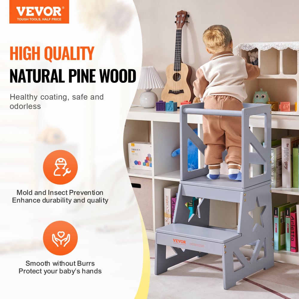 VEVOR Toddler Step Stool Natural Pine Wood Kitchen Stool 150LBS Gray