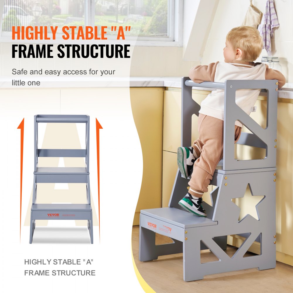 VEVOR Toddler Step Stool Natural Pine Wood Kitchen Stool 150LBS Gray