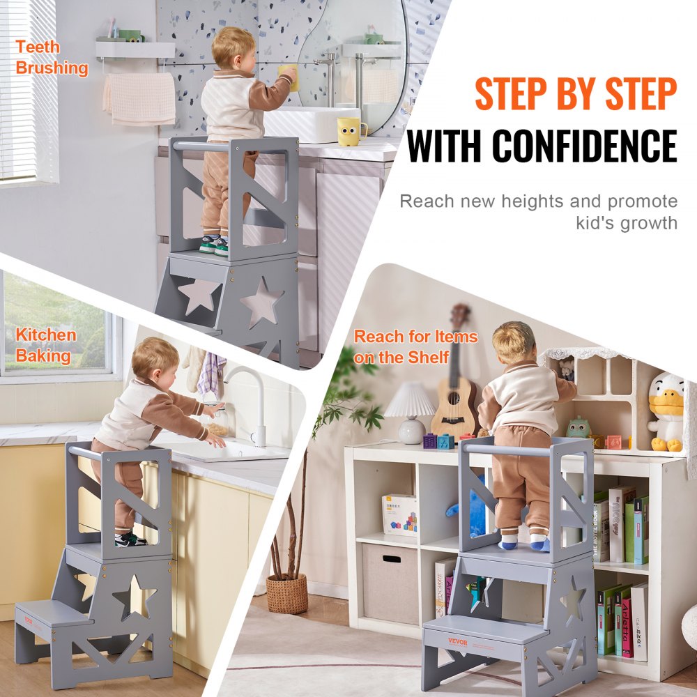 VEVOR Toddler Step Stool, Natural Pine Wood Kids Kitchen Stool Helper with Safety Rail, Standing Tower Learning Stool for Bedroom Bathroom Kitchen Counter, 150LBS Loading Capacity, Gray