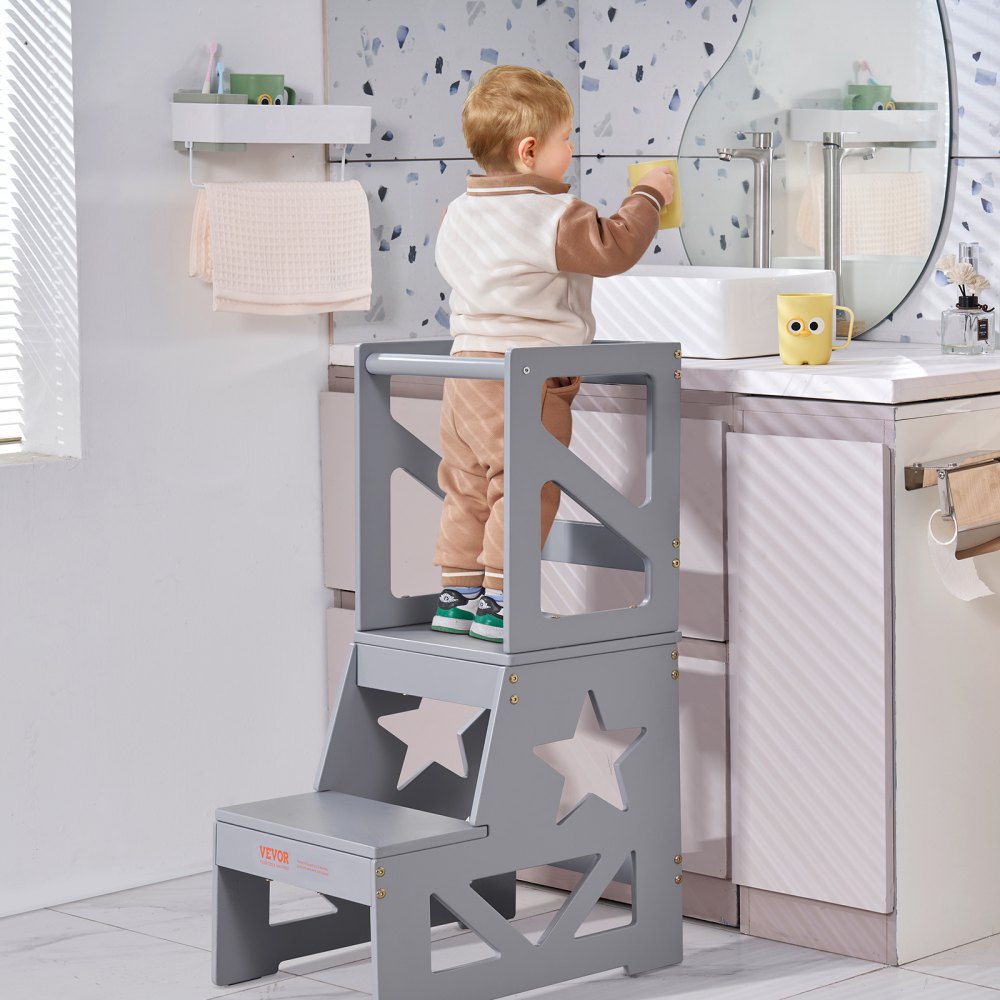 VEVOR Toddler Step Stool Natural Pine Wood Kitchen Stool 150LBS Gray