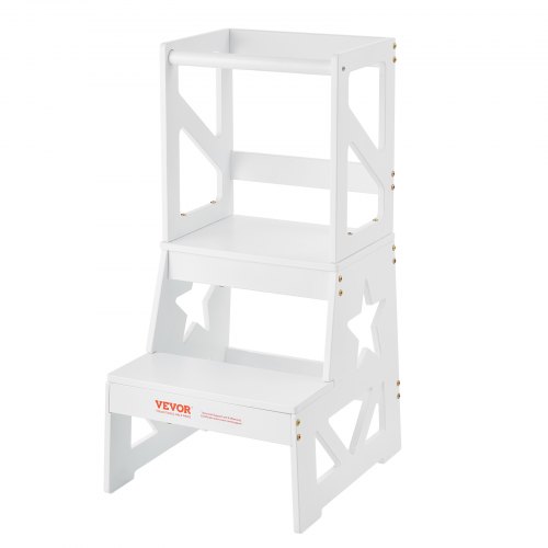 VEVOR Toddler Step Stool for Kids, Natural Pine Wood Toddler Kitchen Stool with Safety Rail, 150LBS Loading Capacity Standing Tower Learning Stool for Bedroom Bathroom Kitchen Counter, White