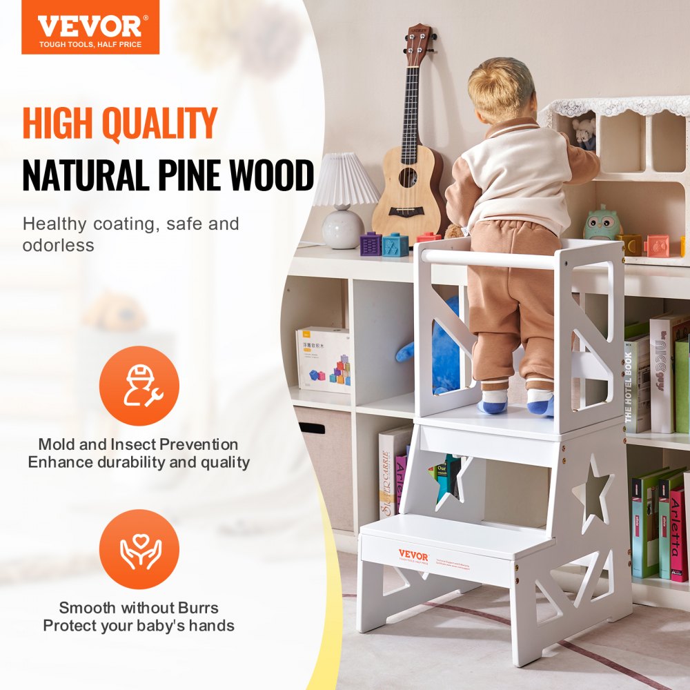 VEVOR Toddler Step Stool, Natural Pine Wood Kids Kitchen Stool with Safety Rail, Standing Tower Learning Stool for Bedroom Bathroom Kitchen Counter, 150LBS Loading Capacity, White