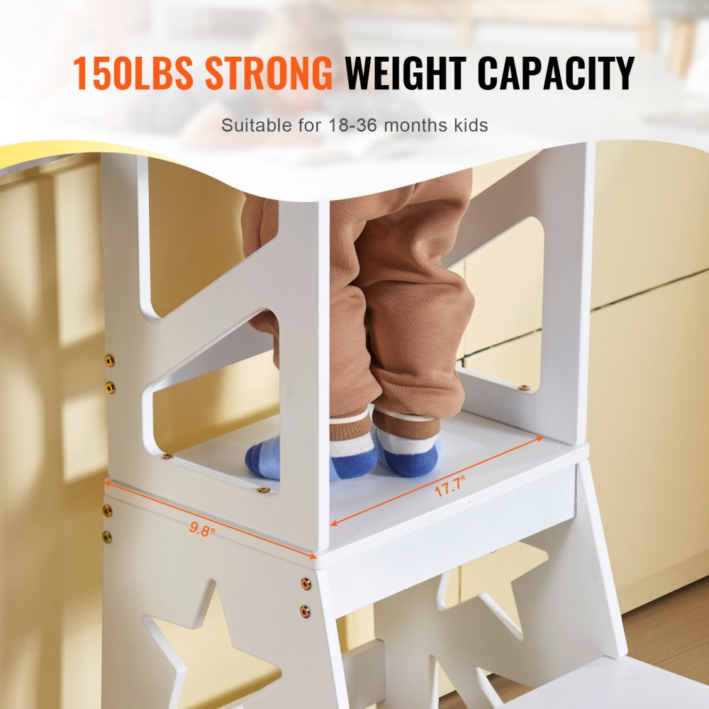 VEVOR Toddler Step Stool, Natural Pine Wood Kids Kitchen Stool with Safety Rail, Standing Tower Learning Stool for Bedroom Bathroom Kitchen Counter, 150LBS Loading Capacity, White