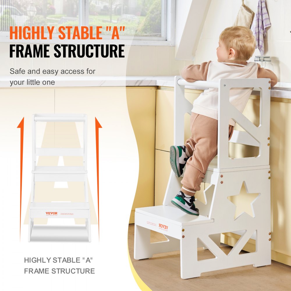 VEVOR Toddler Step Stool, Natural Pine Wood Kids Kitchen Stool with Safety Rail, Standing Tower Learning Stool for Bedroom Bathroom Kitchen Counter, 150LBS Loading Capacity, White