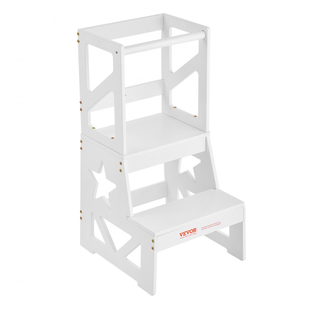 VEVOR Toddler Step Stool, Natural Pine Wood Kids Kitchen Stool with Safety Rail, Standing Tower Learning Stool for Bedroom Bathroom Kitchen Counter, 150LBS Loading Capacity, White