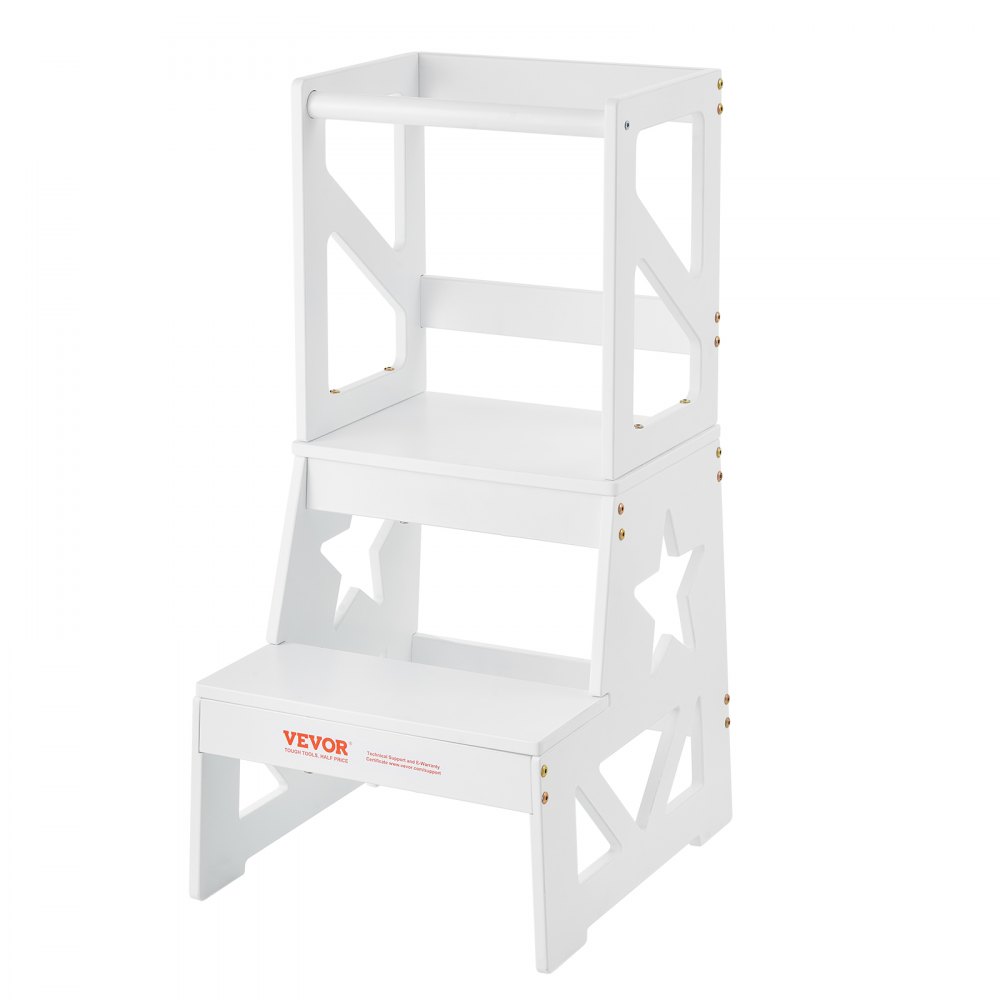 VEVOR Toddler Step Stool, Natural Pine Wood Kids Kitchen Stool with Safety Rail, Standing Tower Learning Stool for Bedroom Bathroom Kitchen Counter, 150LBS Loading Capacity, White