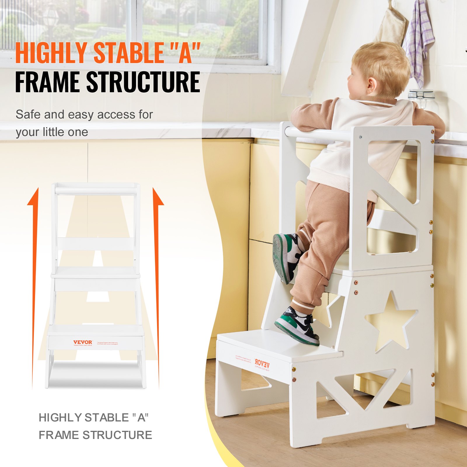VEVOR Toddler Step Stool, Natural Pine Wood Kids Kitchen Stool with Safety Rail, Standing Tower Learning Stool for Bedroom Bathroom Kitchen Counter, 150LBS Loading Capacity, White